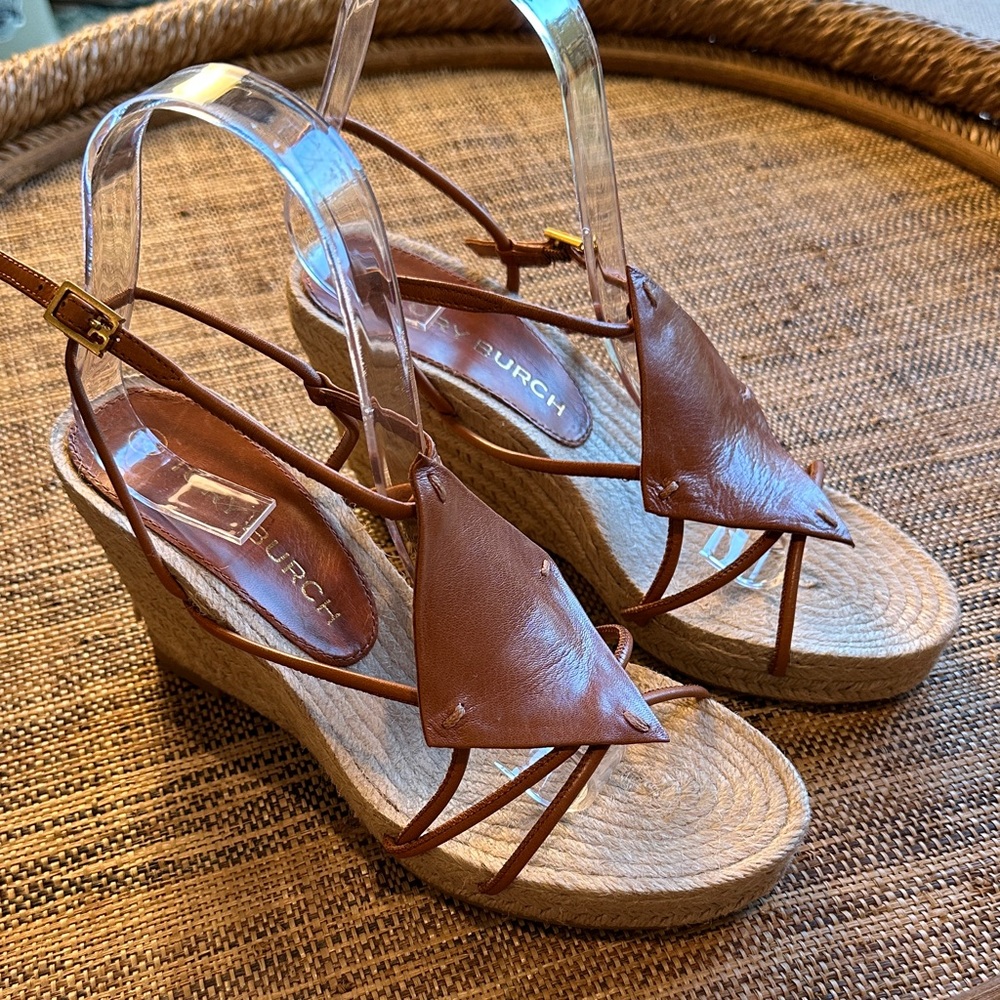 TORY BURCH Leather Diamond Patch Wedge Espadrilles Brown SIZE 7 NEW WITHOUT TAGS